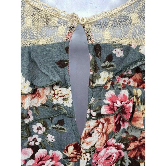 Umgee Tunic Top Womens Medium Green Floral Lace Ruffle Sleeveless - Picture 5 of 8